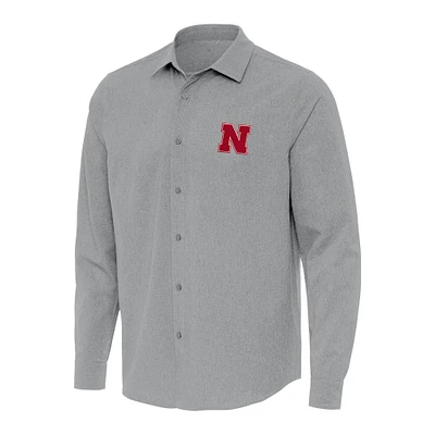 Men's Antigua Gray Nebraska Huskers Exposure Woven Long Sleeve Button-Up Shirt