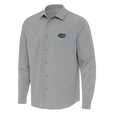 Men's Antigua Gray Florida Gators Exposure Woven Long Sleeve Button-Up Shirt