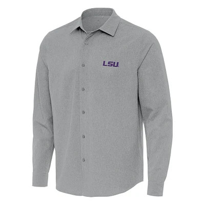 Men's Antigua Gray LSU Tigers Exposure Woven Long Sleeve Button-Up Shirt