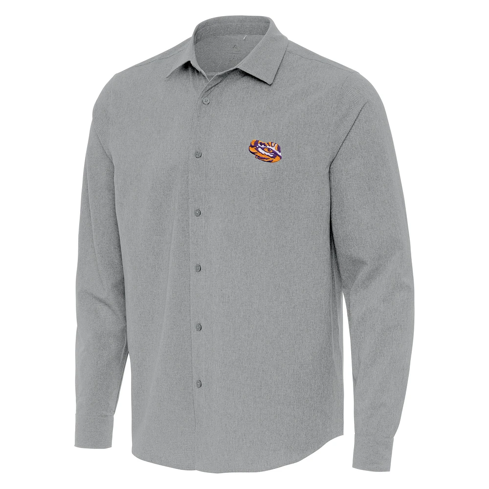 Men's Antigua Gray LSU Tigers Exposure Woven Long Sleeve Button-Up Shirt