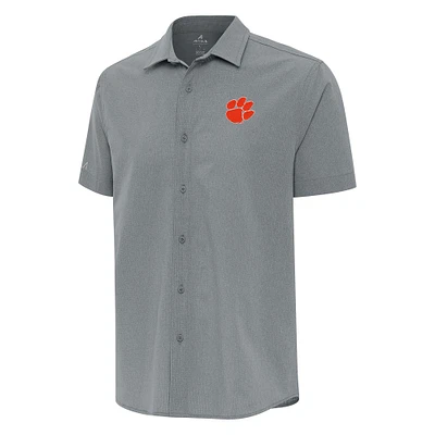 Men's Antigua Gray Clemson Tigers Activate Woven Short Sleeve Button-Down Shirt