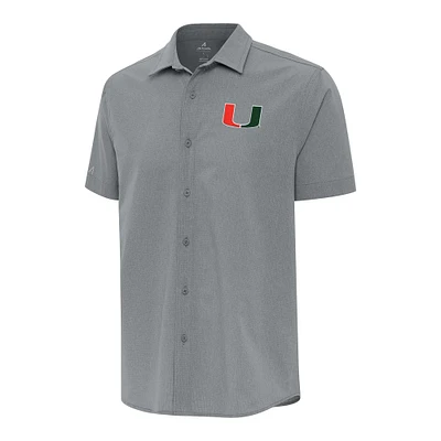 Men's Antigua Gray Miami Hurricanes Activate Woven Short Sleeve Button-Down Shirt