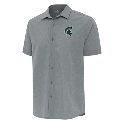 Men's Antigua Gray Michigan State Spartans Activate Woven Short Sleeve Button-Down Shirt