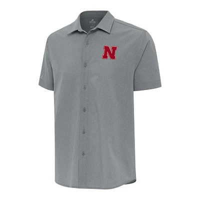 Men's Antigua Gray Nebraska Huskers Activate Woven Short Sleeve Button-Down Shirt