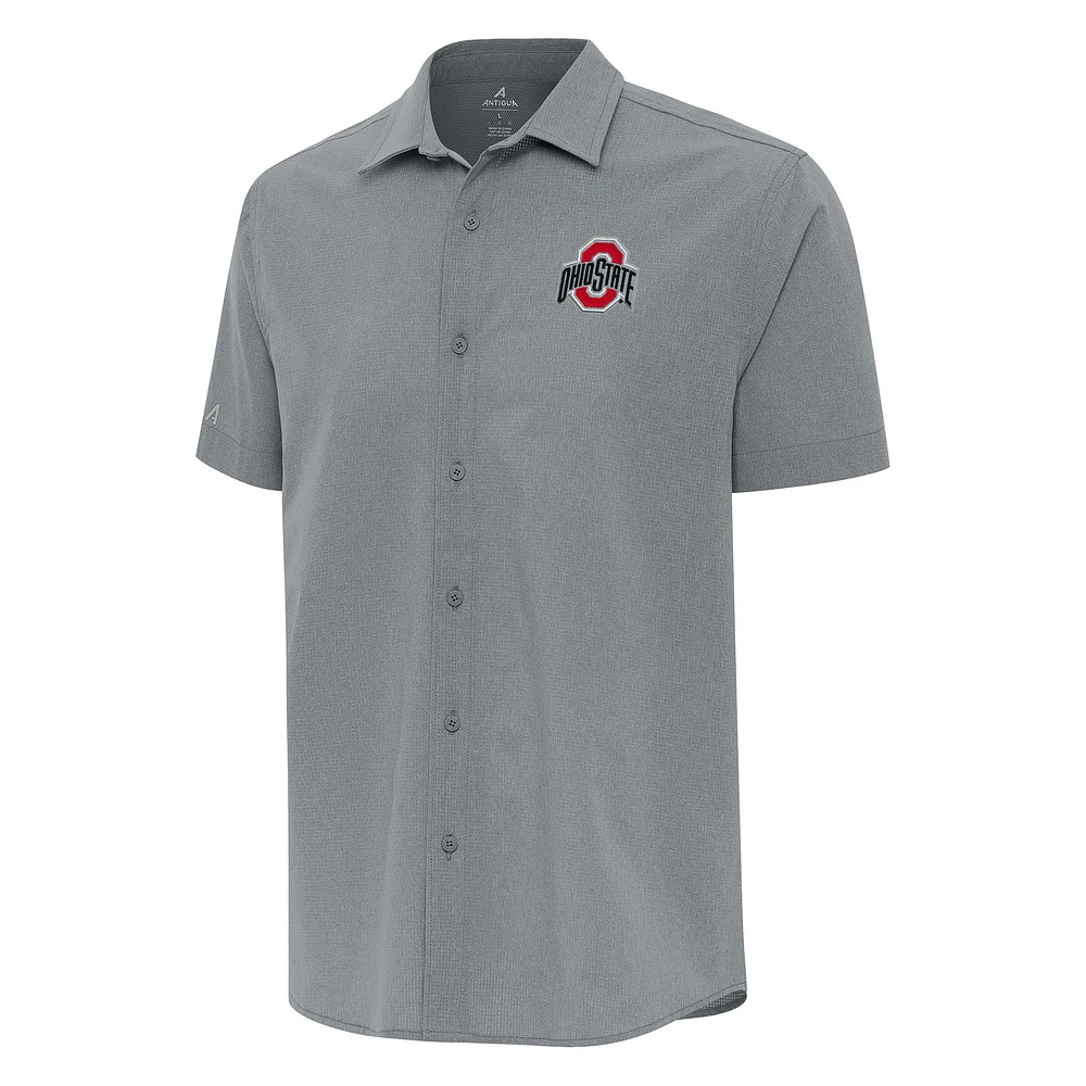 Men's Antigua Gray Ohio State Buckeyes Activate Woven Short Sleeve Button-Down Shirt