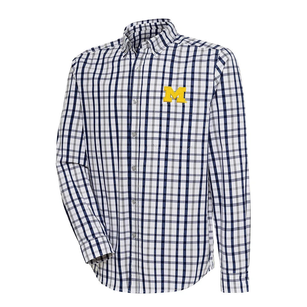 Men's Antigua Navy/Gray Michigan Wolverines Tending 2 Button-Down Long Sleeve Shirt