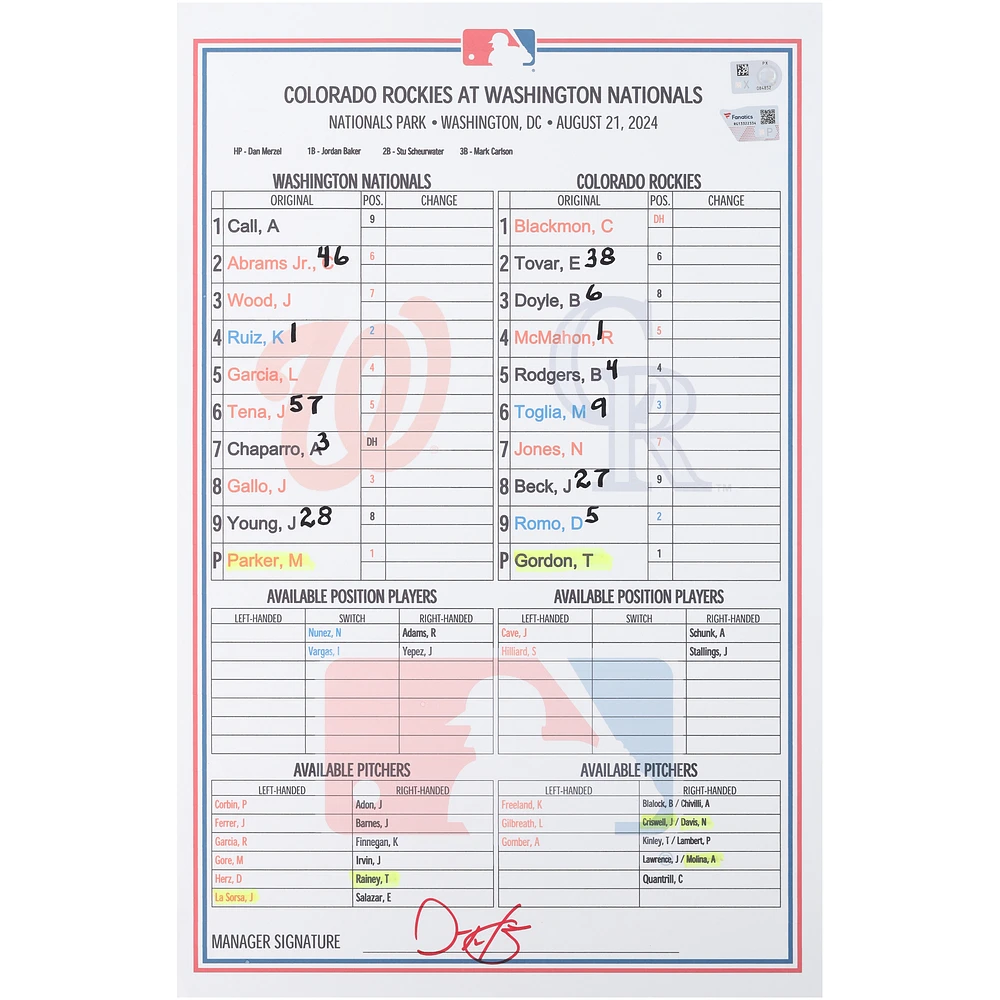 Washington Nationals Game-Used Lineup Card vs. Colorado Rockies on August 21, 2024