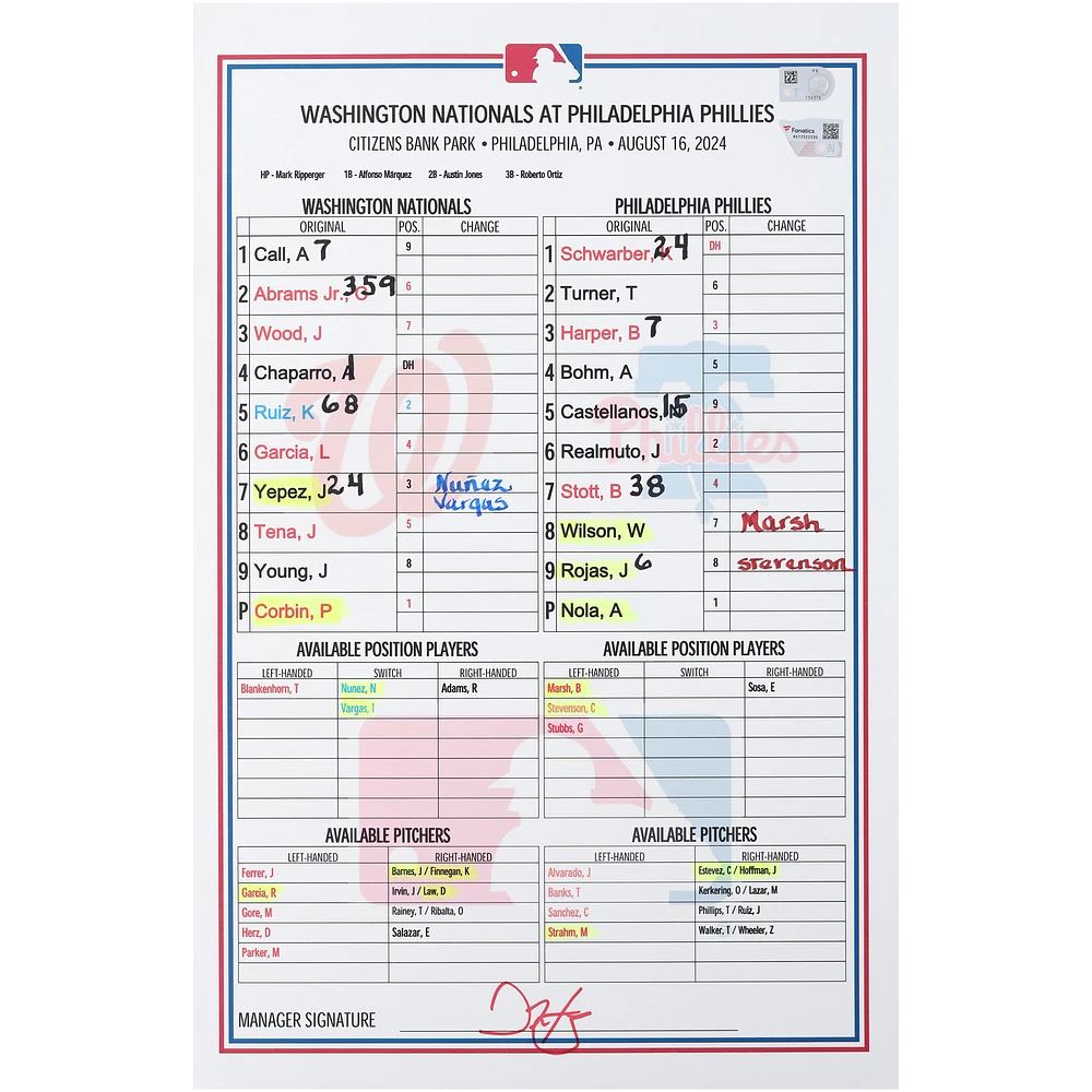 Washington Nationals Game-Used Lineup Card vs. Philadelphia Phillies on August 16, 2024