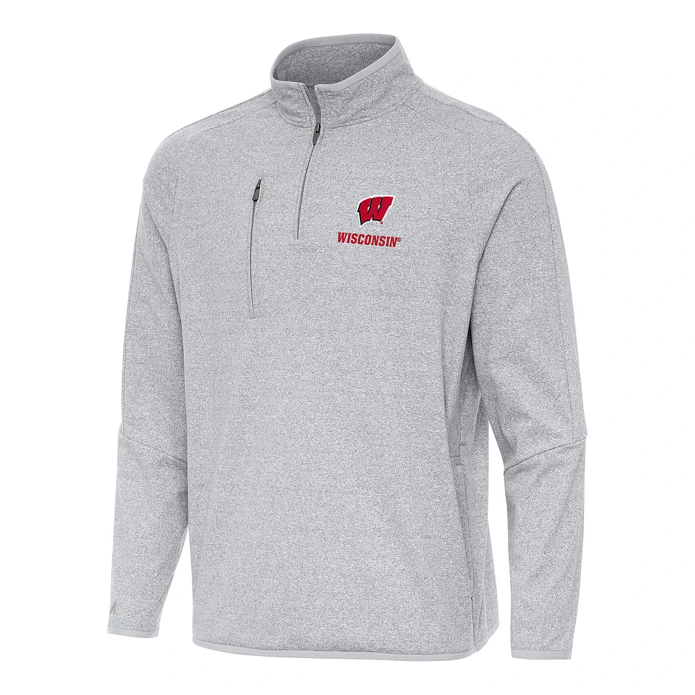 Men's Antigua Heather Gray Wisconsin Badgers Certain Quarter-Zip Tri-Blend Sweatshirt