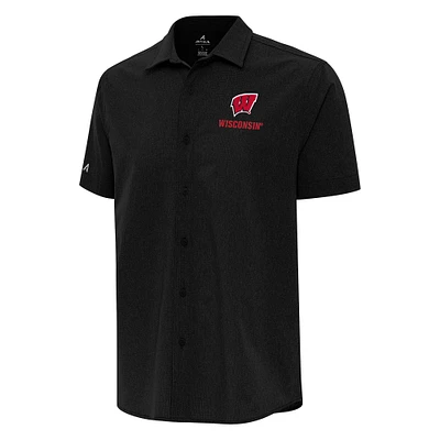 Men's Antigua Black Wisconsin Badgers Activate Woven Short Sleeve Button-Down Shirt