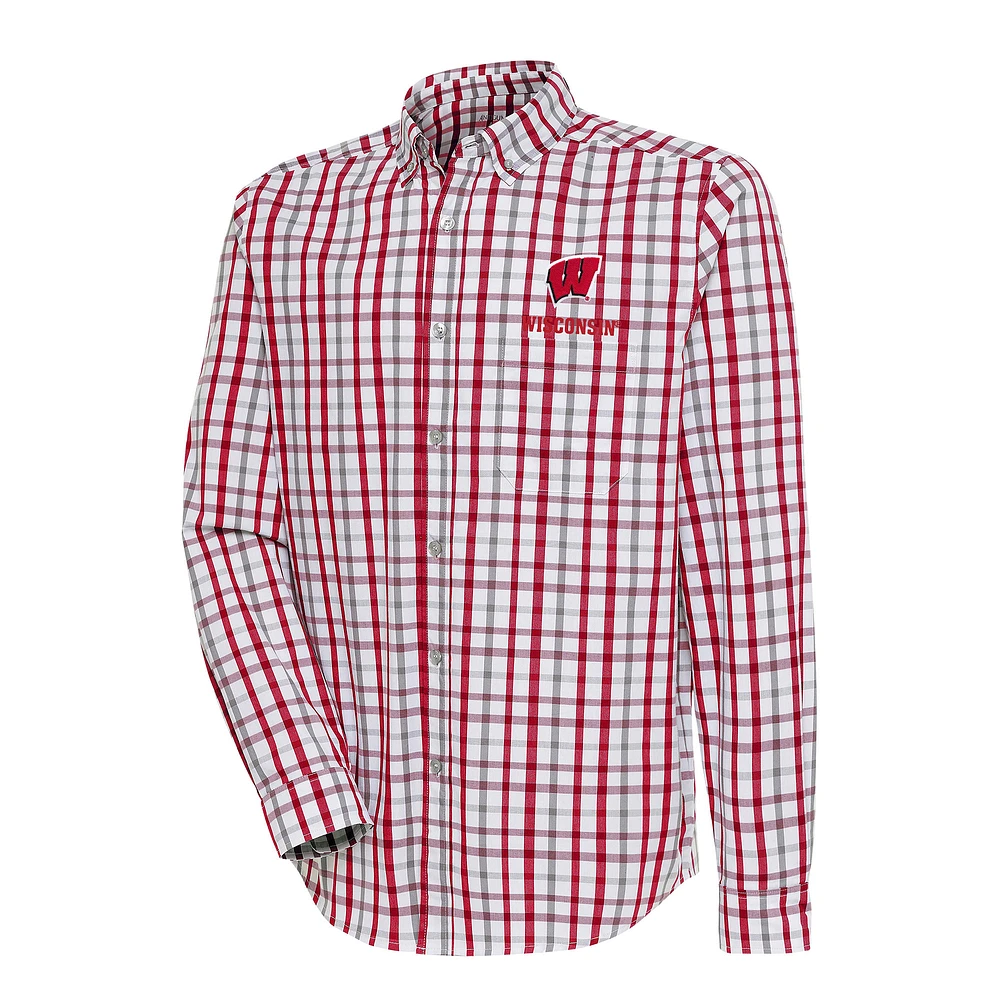 Men's Antigua Red/Gray Wisconsin Badgers Tending 2 Button-Down Long Sleeve Shirt