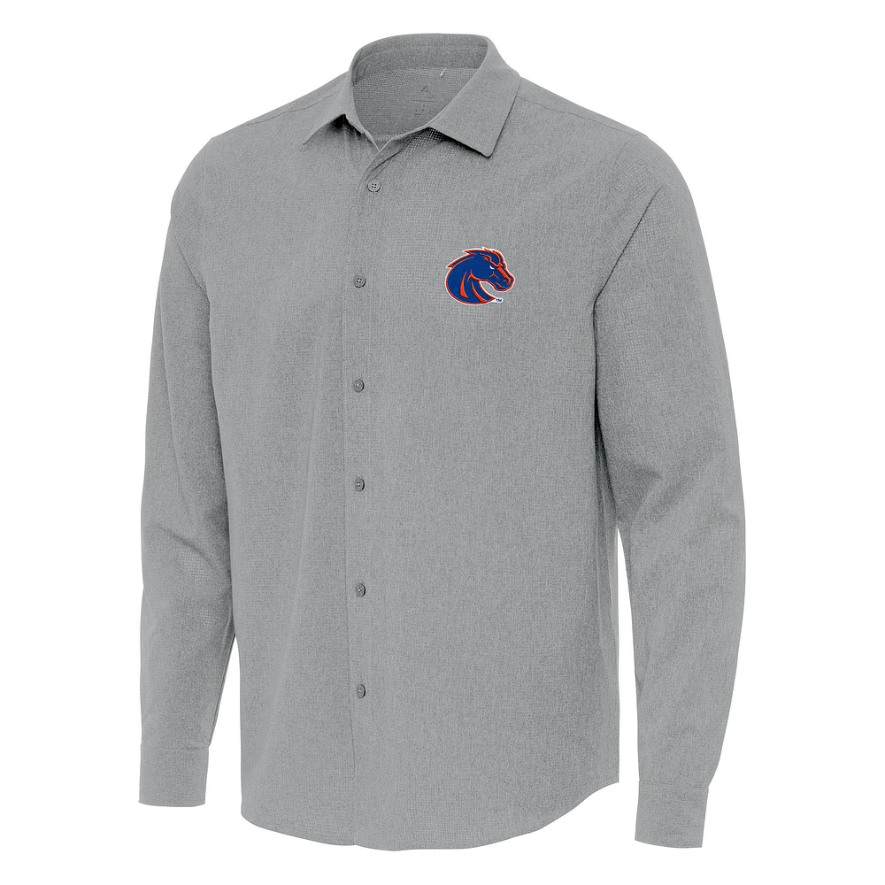 Men's Antigua Gray Boise State Broncos Exposure Woven Long Sleeve Full-Button Shirt
