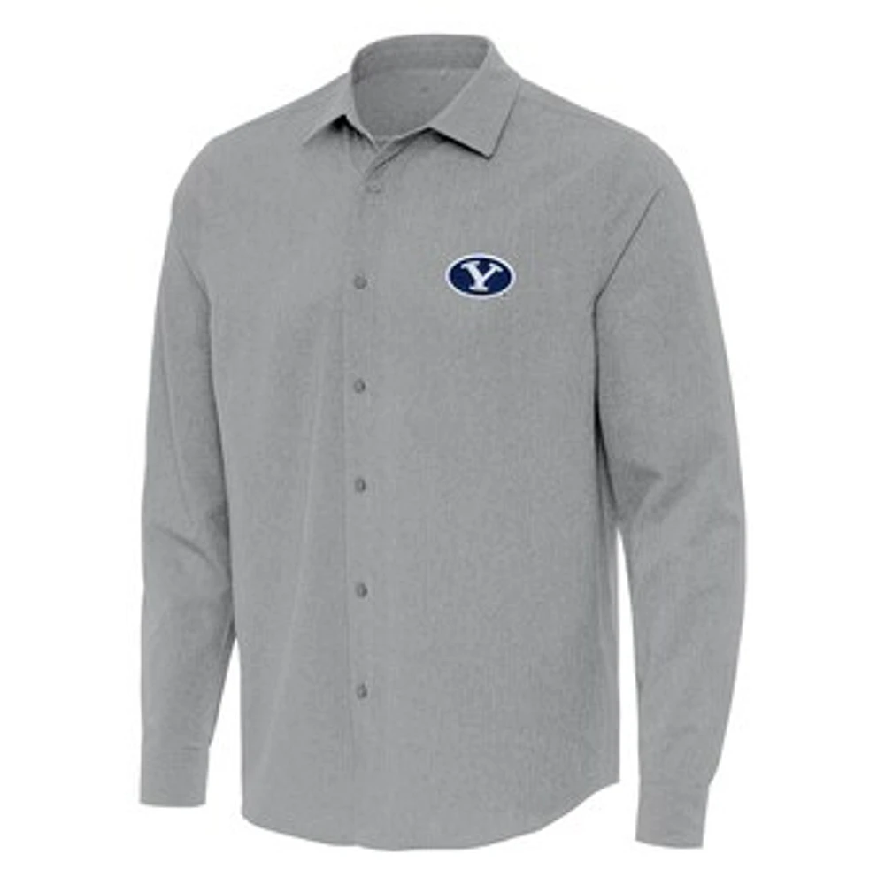Men's Antigua Gray BYU Cougars Exposure Woven Long Sleeve Full-Button Shirt