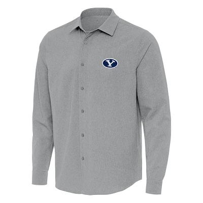 Men's Antigua Gray BYU Cougars Exposure Woven Long Sleeve Full-Button Shirt