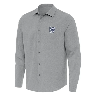 Men's Antigua Gray Butler Bulldogs Exposure Woven Long Sleeve Full-Button Shirt