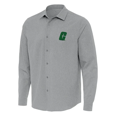 Men's Antigua Gray Charlotte 49ers Exposure Woven Long Sleeve Full-Button Shirt