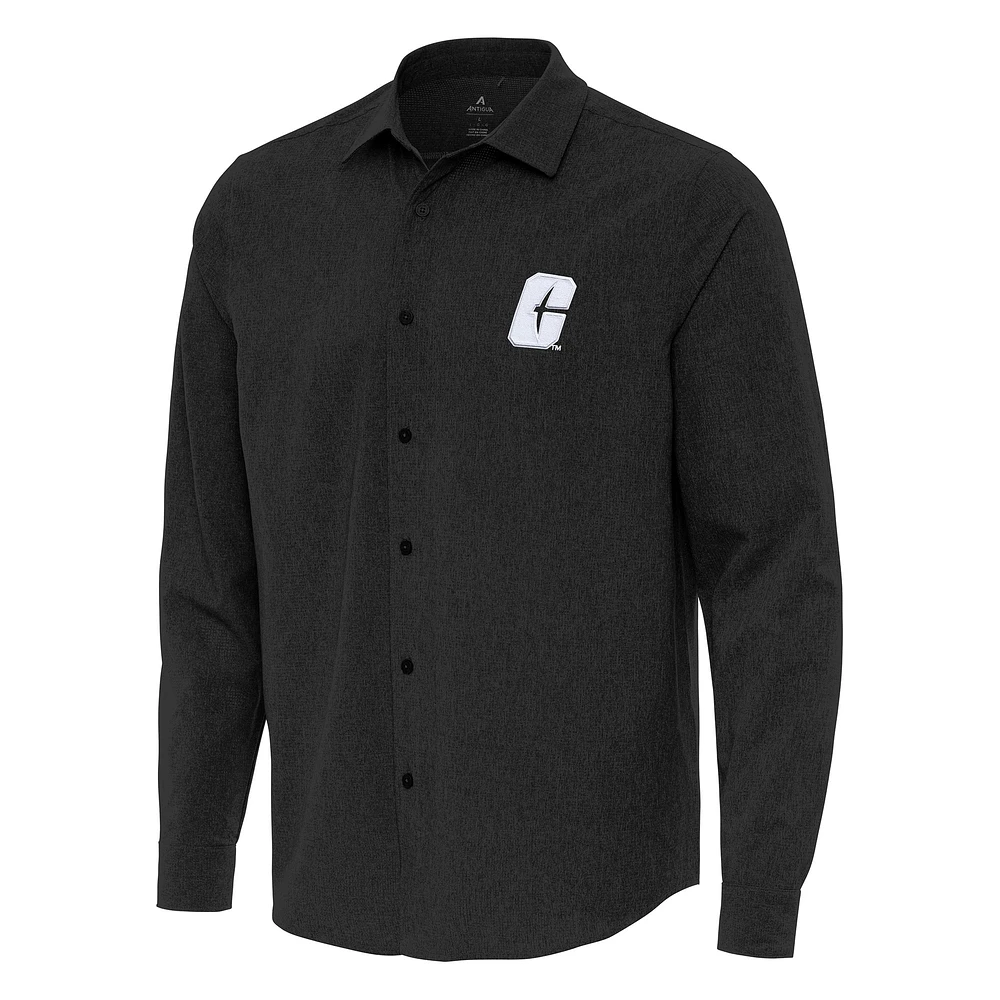 Men's Antigua Black Charlotte 49ers Exposure Woven Long Sleeve Full-Button Shirt