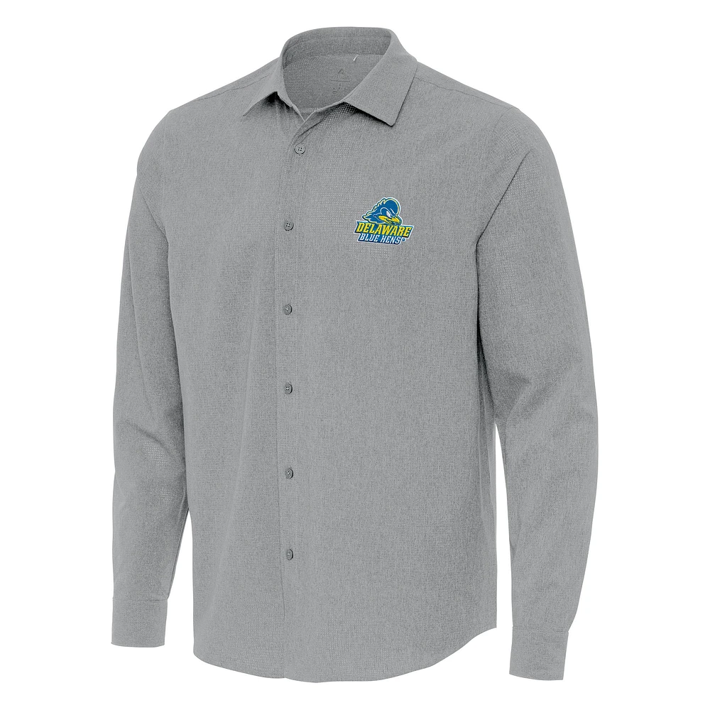 Men's Antigua Gray Delaware Fightin' Blue Hens Exposure Woven Long Sleeve Full-Button Shirt