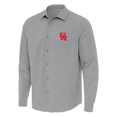 Men's Antigua Gray Houston Cougars Exposure Woven Long Sleeve Full-Button Shirt