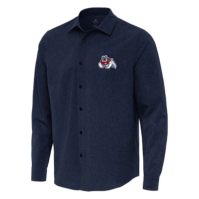 Men's Antigua Navy Fresno State Bulldogs Exposure Woven Long Sleeve Full-Button Shirt