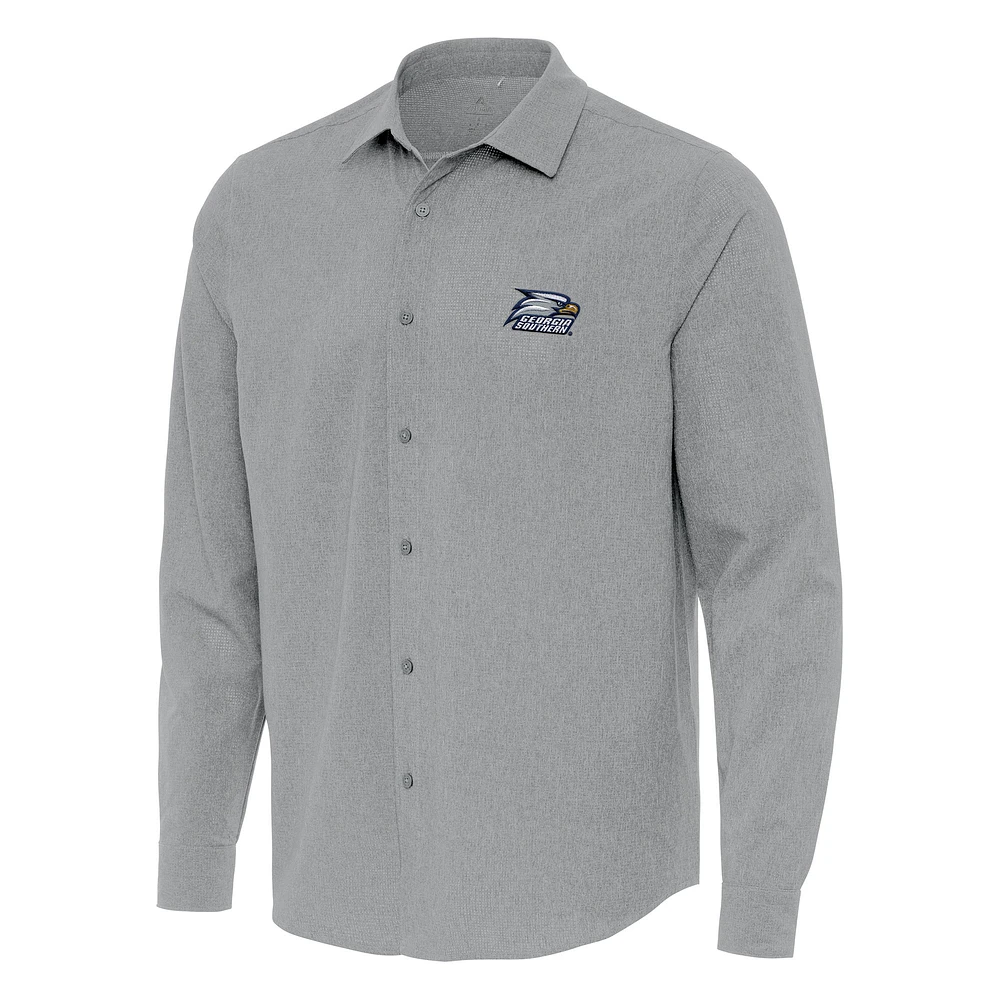 Men's Antigua Gray Georgia Southern Eagles Exposure Woven Long Sleeve Full-Button Shirt