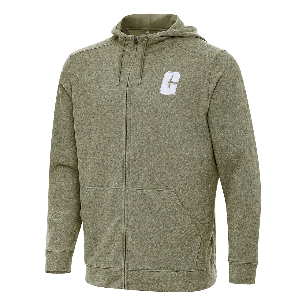 Men's Antigua Heather Olive Charlotte 49ers Effortless Full-Zip Hoodie Jacket