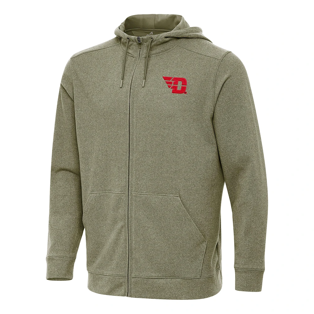 Men's Antigua Heather Olive Dayton Flyers Effortless Full-Zip Hoodie Jacket