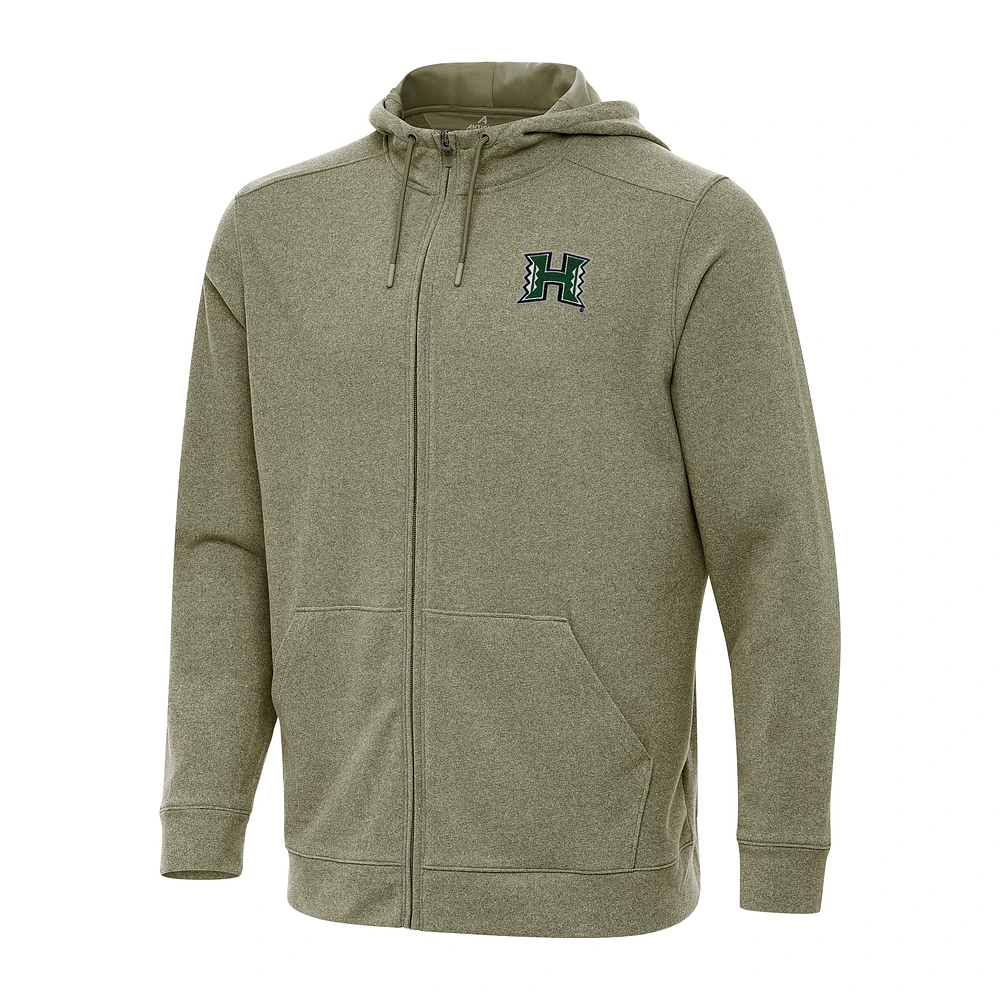 Men's Antigua Heather Olive Hawaii Rainbow Warriors Effortless Full-Zip Hoodie Jacket