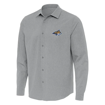 Men's Antigua Gray Montana State Bobcats Exposure Woven Long Sleeve Full-Button Shirt