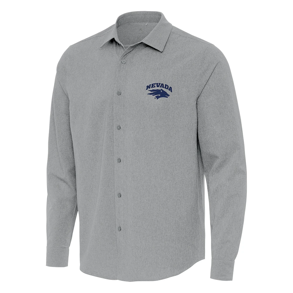 Men's Antigua Gray Nevada Wolf Pack Exposure Woven Long Sleeve Full-Button Shirt