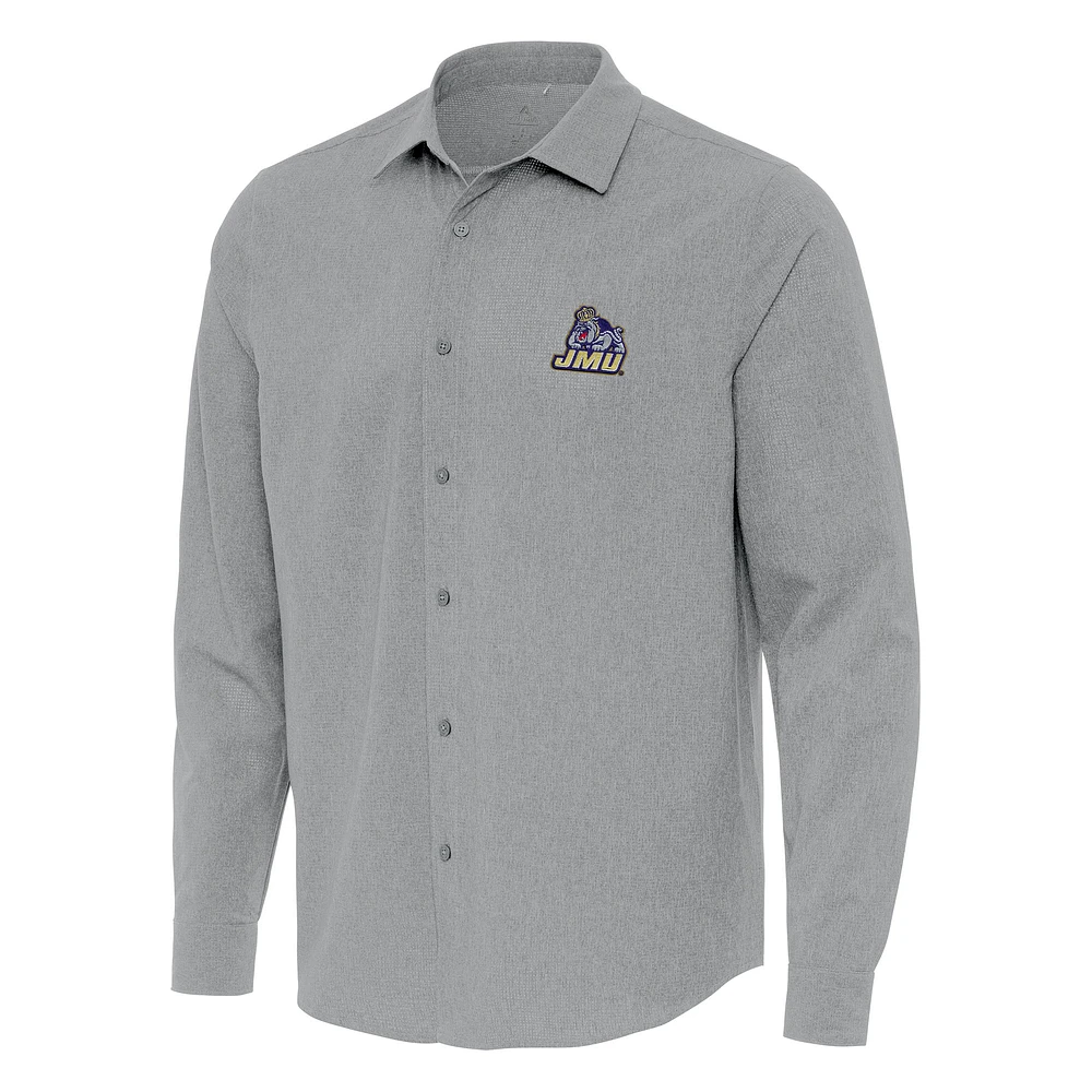 Men's Antigua Gray James Madison Dukes Exposure Woven Long Sleeve Full-Button Shirt