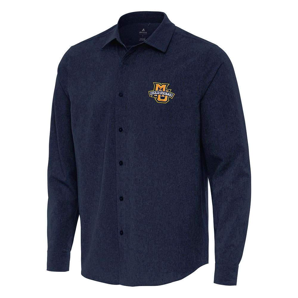 Men's Antigua Navy Marquette Golden Eagles Exposure Woven Long Sleeve Full-Button Shirt
