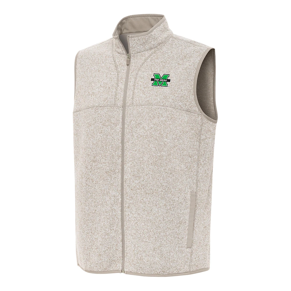Men's Antigua Heather Oatmeal Marshall Thundering Herd Fortune Full-Zip Vest