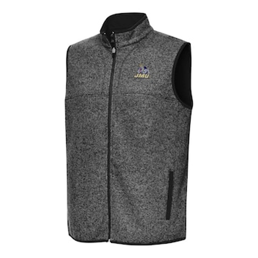 Men's Antigua Heather Black James Madison Dukes Fortune Full-Zip Vest