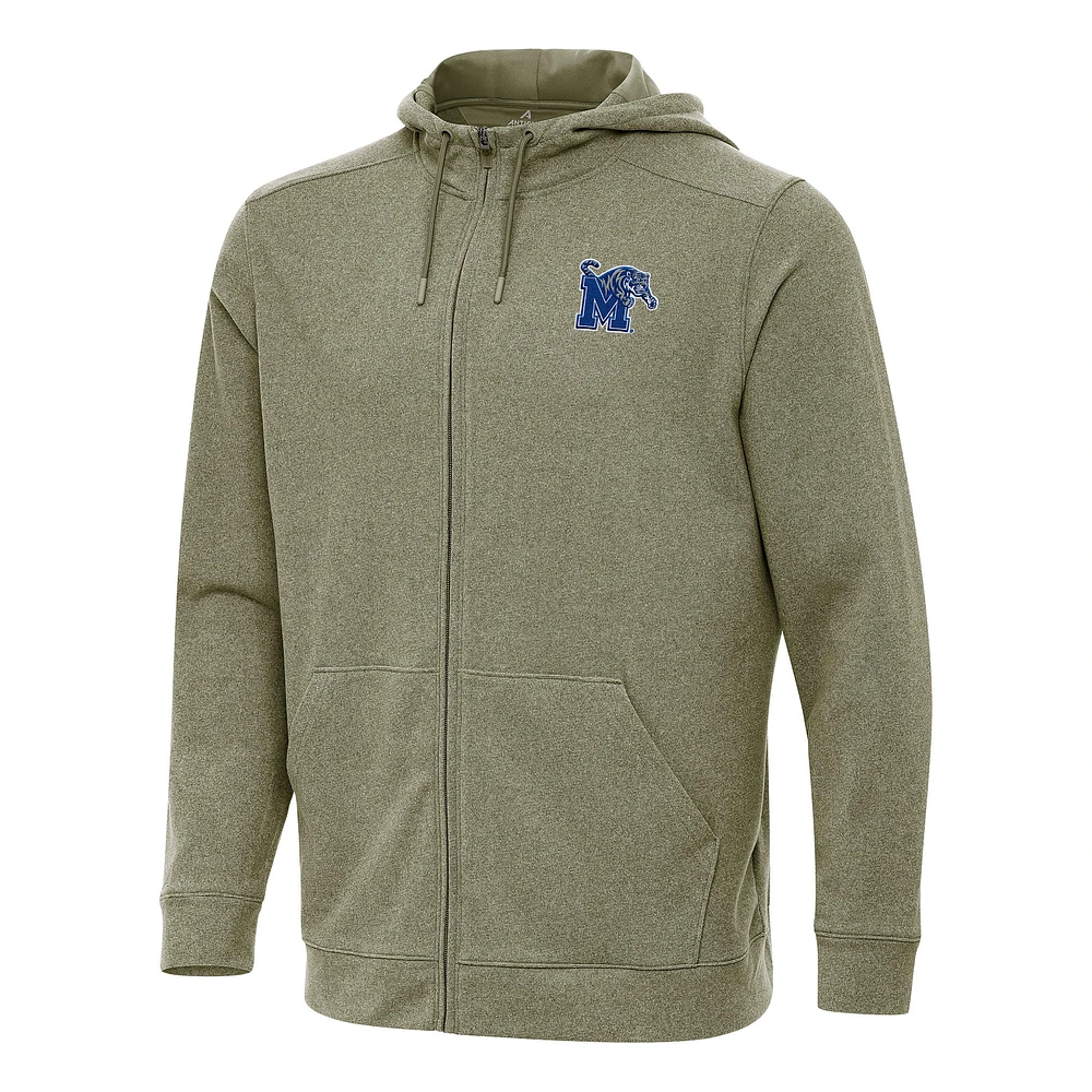 Men's Antigua Heather Olive Memphis Tigers Effortless Full-Zip Hoodie Jacket