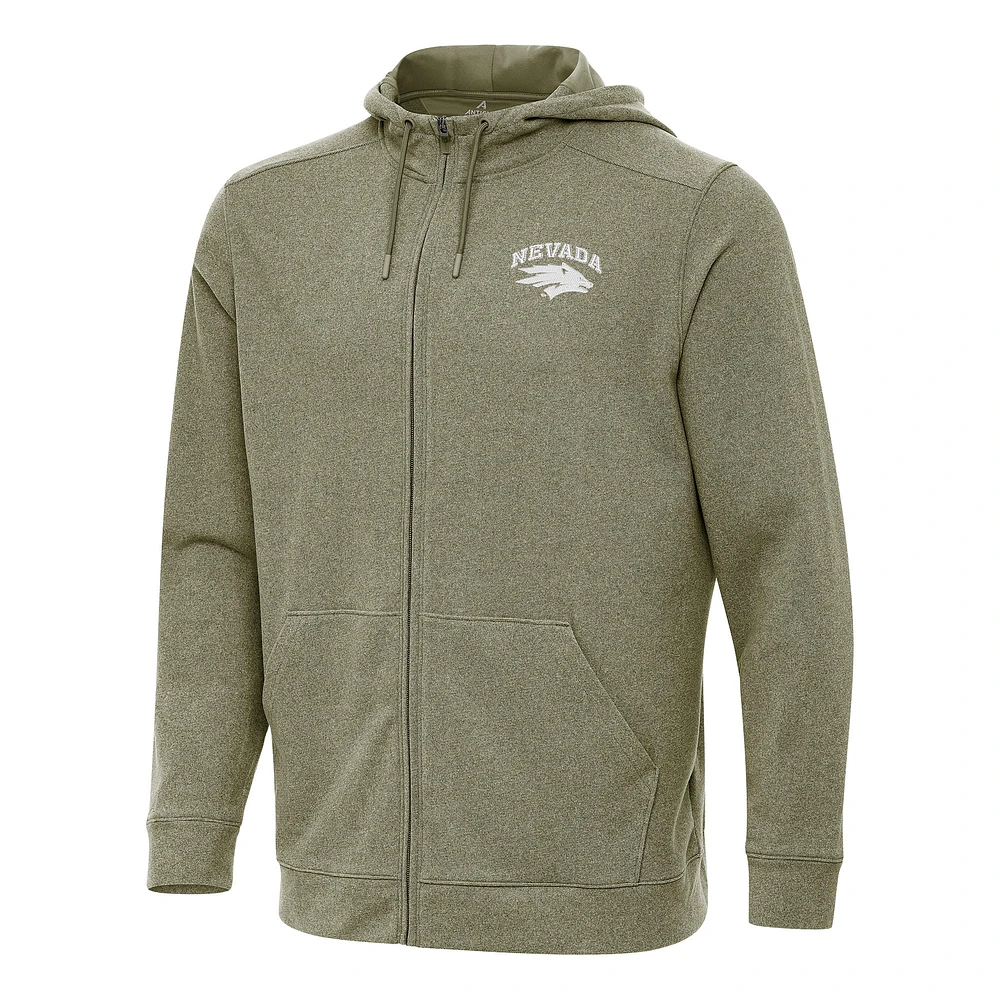 Men's Antigua Heather Olive Nevada Wolf Pack Effortless Full-Zip Hoodie Jacket