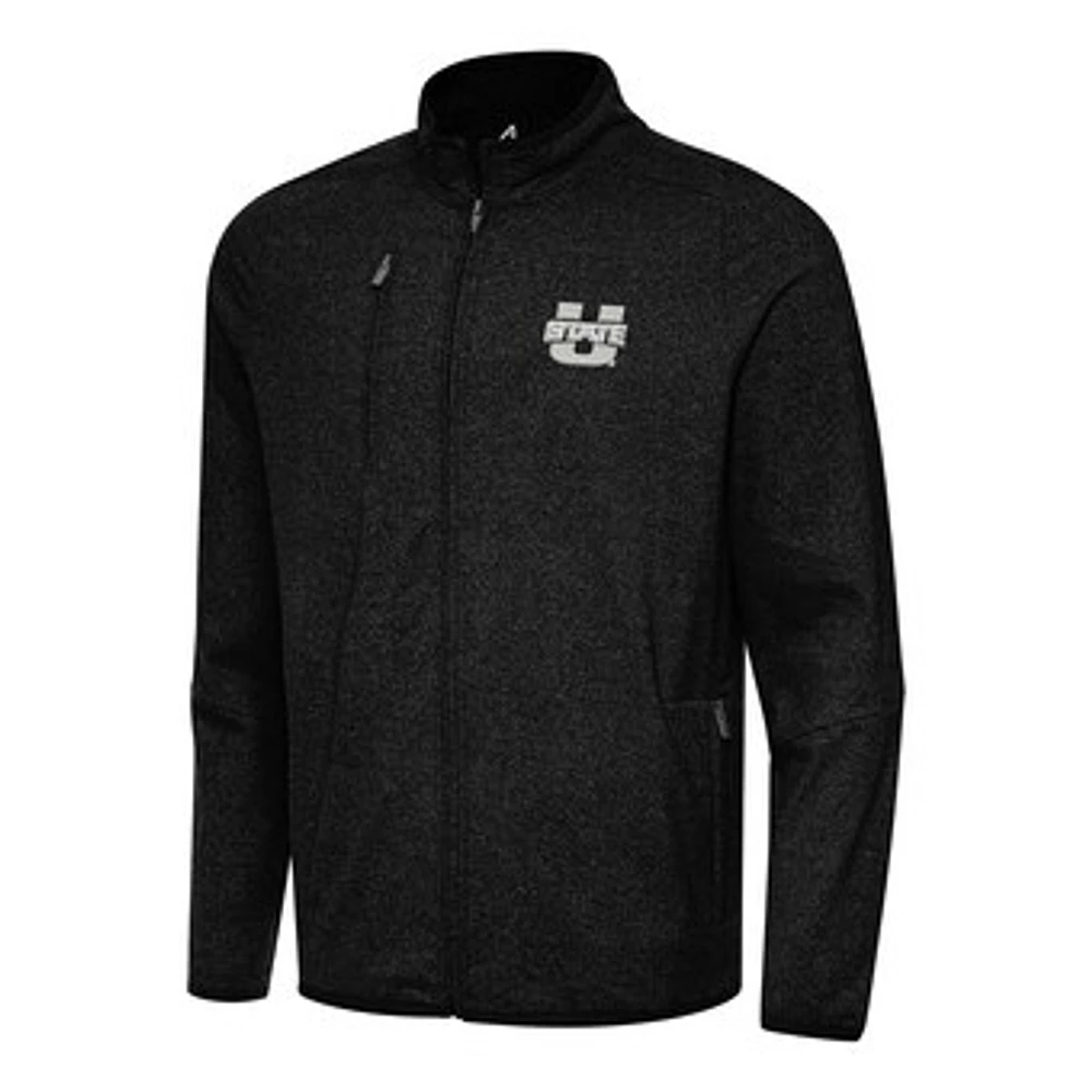 Men's Antigua Heather Black Utah State Aggies Hold-Up Tri-Blend Full-Zip Jacket