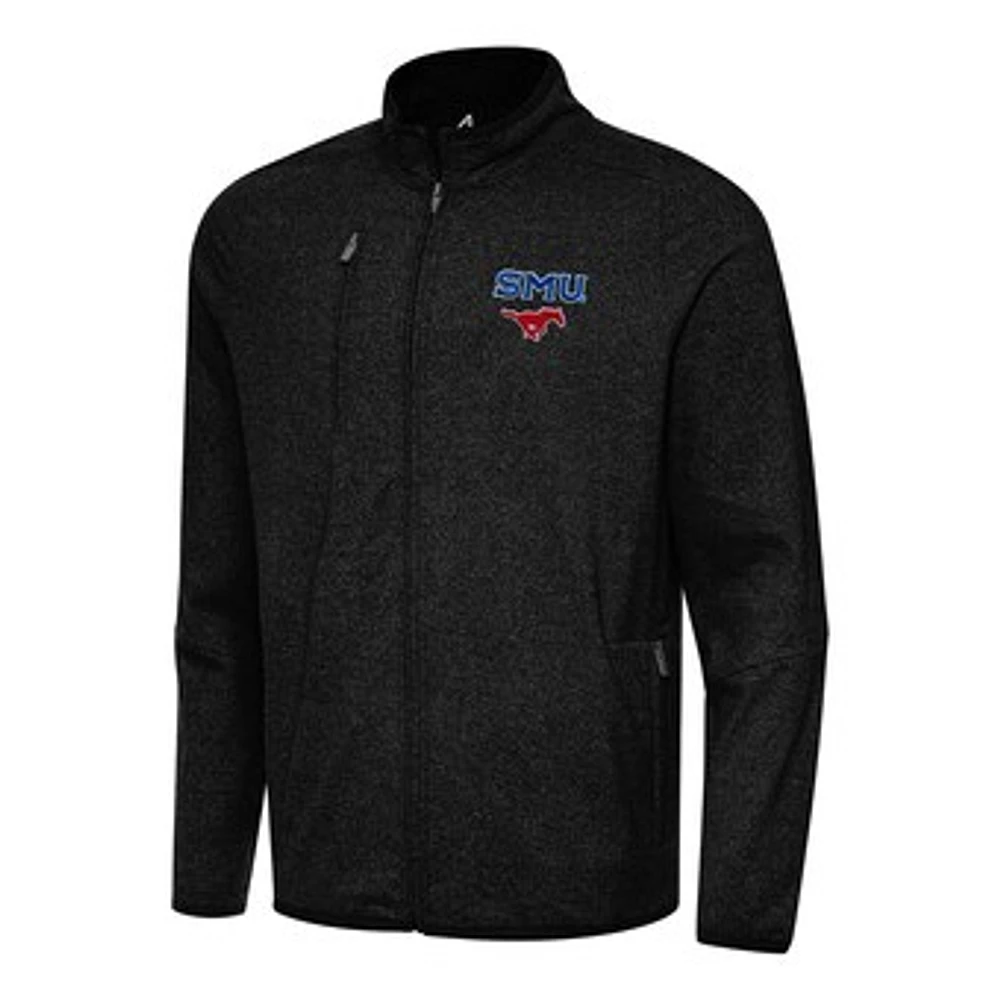 Men's Antigua Heather Black SMU Mustangs Hold-Up Full-Zip Tri-Blend Jacket