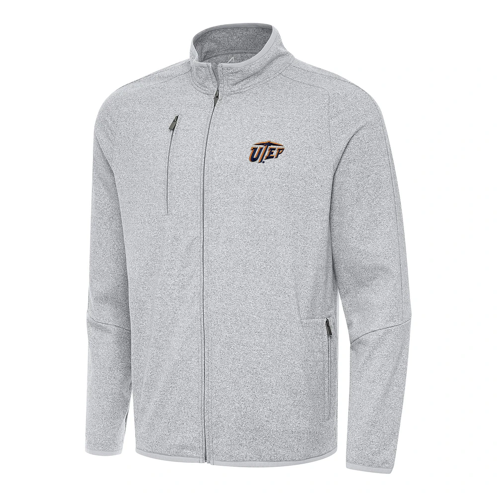 Men's Antigua Heather Gray UTEP Miners Hold-Up Full-Zip Tri-Blend Jacket