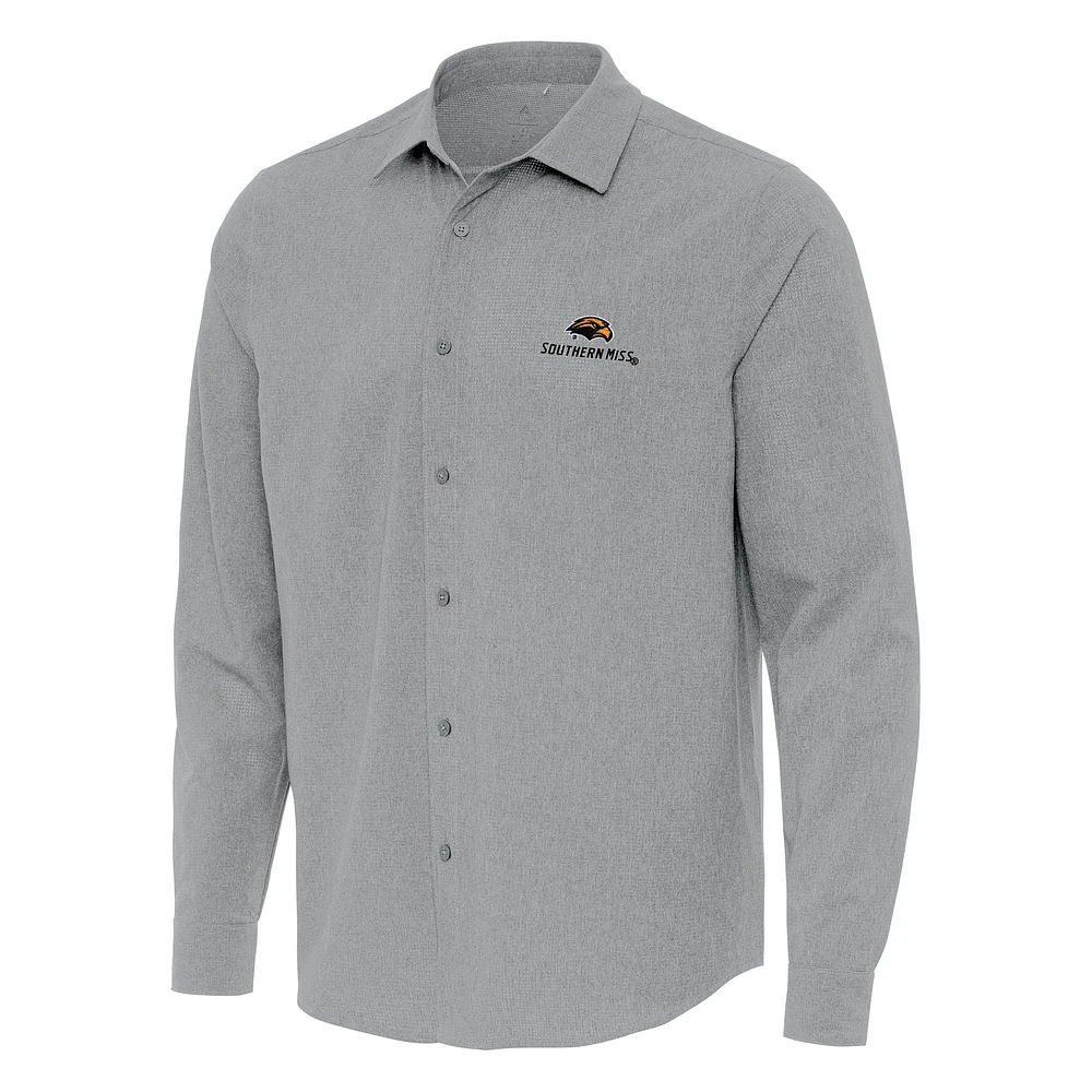 Men's Antigua Gray Southern Miss Golden Eagles Exposure Woven Long Sleeve Full-Button Shirt