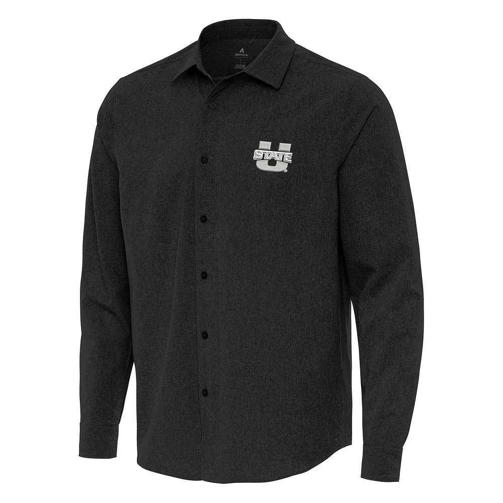 Men's Antigua Black Utah State Aggies Exposure Woven Long Sleeve Full-Button Shirt