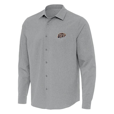 Men's Antigua Gray UTEP Miners Exposure Woven Long Sleeve Full-Button Shirt