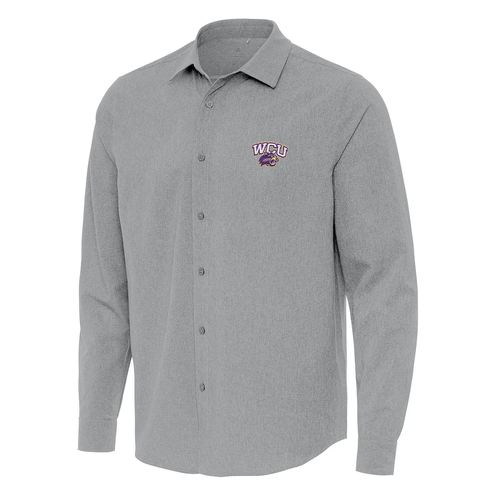 Men's Antigua Gray Western Carolina Catamounts Exposure Woven Long Sleeve Full-Button Shirt