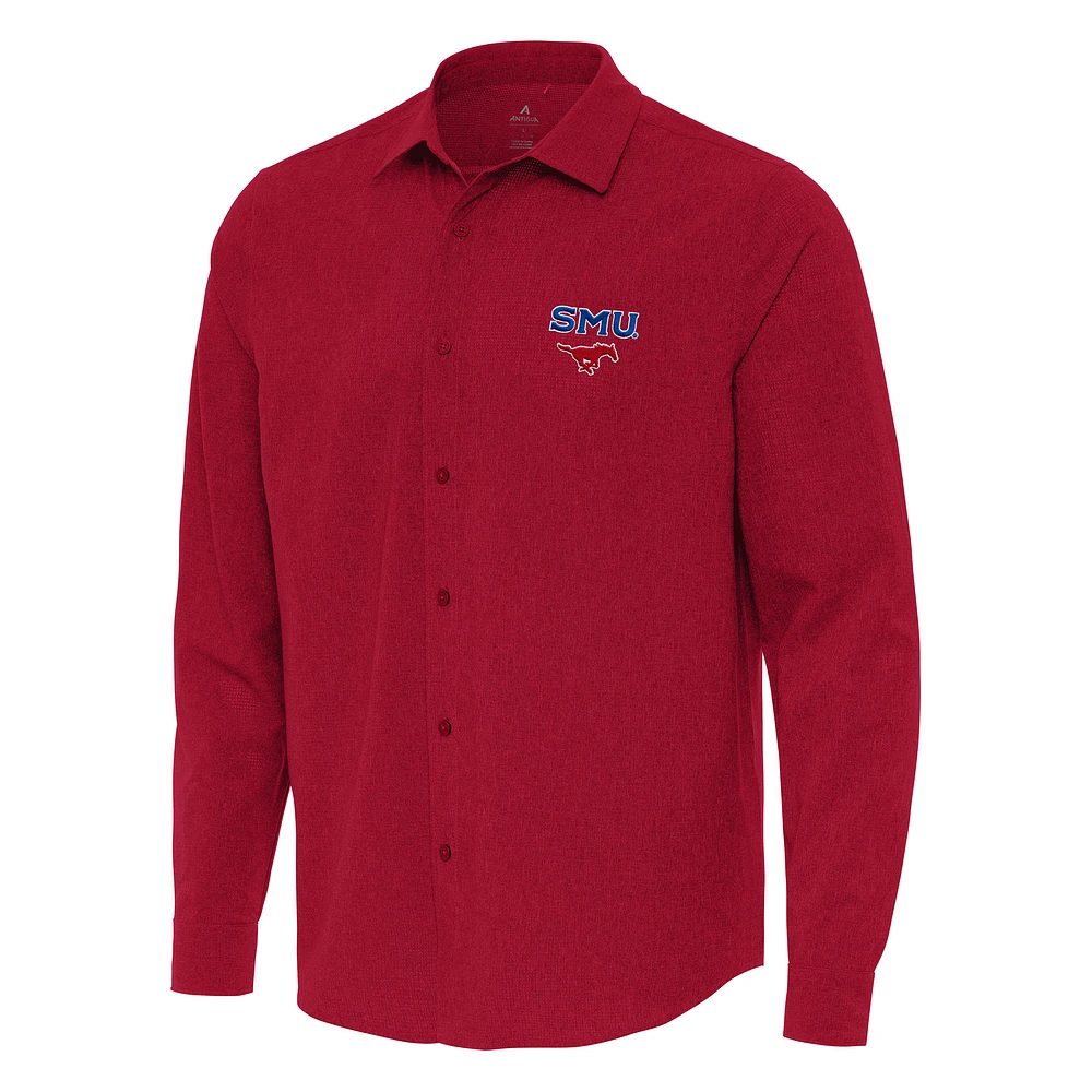 Men's Antigua Red SMU Mustangs Exposure Woven Long Sleeve Full-Button Shirt