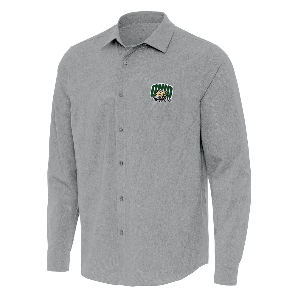 Men's Antigua Gray Ohio Bobcats Exposure Woven Long Sleeve Full-Button Shirt