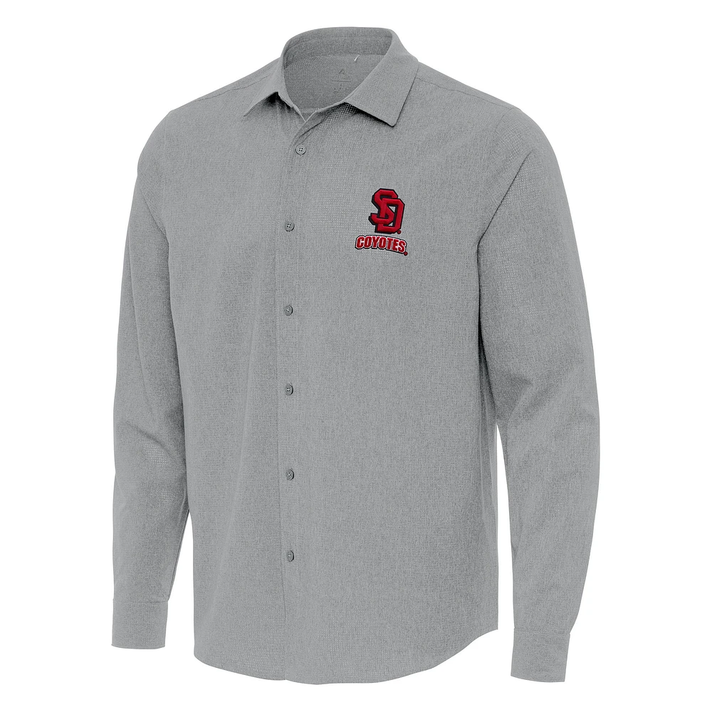 Men's Antigua Gray South Dakota Coyotes Exposure Woven Long Sleeve Full-Button Shirt