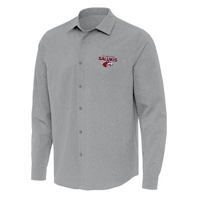Men's Antigua Gray Southern Illinois Salukis Exposure Woven Long Sleeve Full-Button Shirt