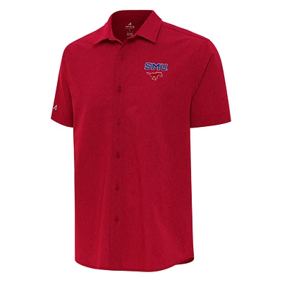 Men's Antigua Red SMU Mustangs Activate Woven Short Sleeve Button-Up Shirt
