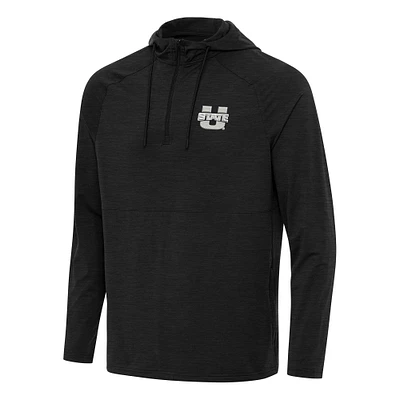 Men's Antigua Heather Black Utah State Aggies Spikes Raglan Quarter-Zip Hoodie