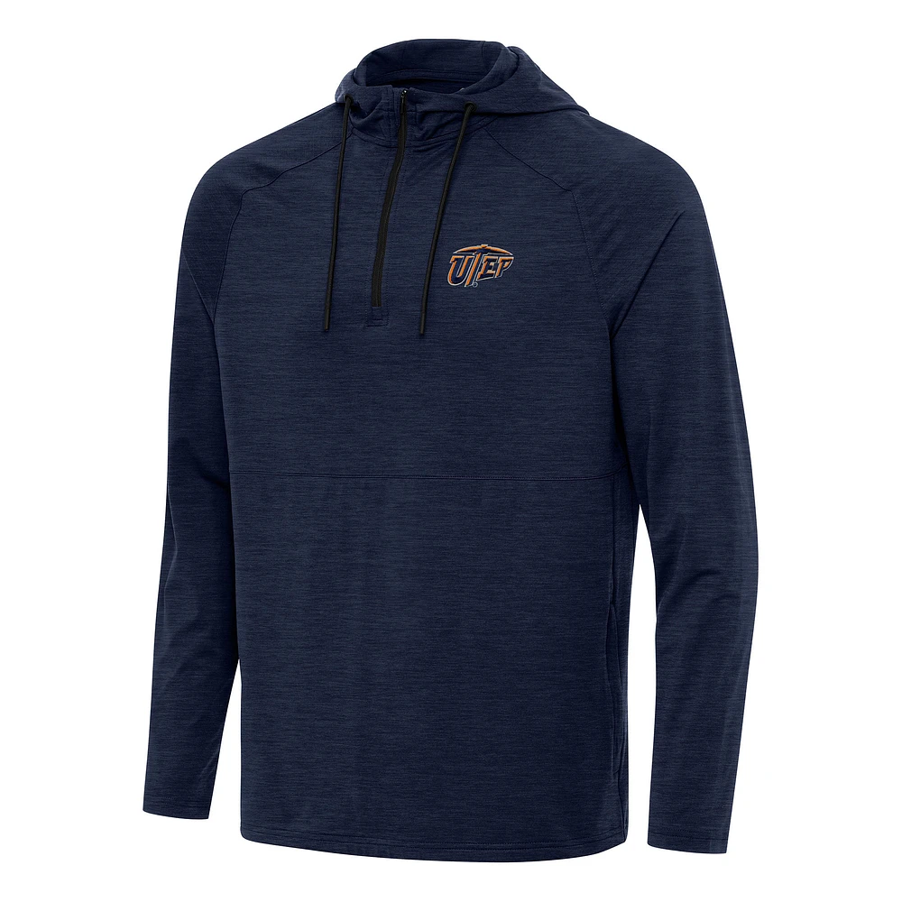 Men's Antigua Heather Navy UTEP Miners Spikes Raglan Quarter-Zip Hoodie